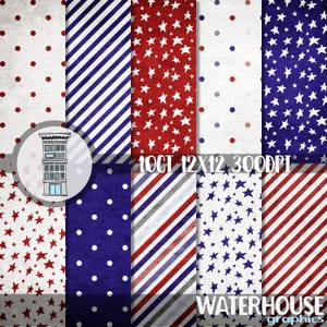 Stars & Stripes DIGITAL PAPER PACK rood wit marineblauw Stippen Strepen Sterren Independence day 4 juli Digitale scrapbooking collage