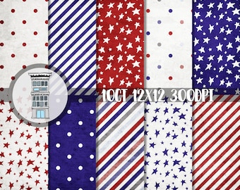 Stars & Stripes DIGITAL PAPER PACK red white navy blue Polka Dots Stripes Stars Independence day 4th of July Digital Scrapbooking Collage