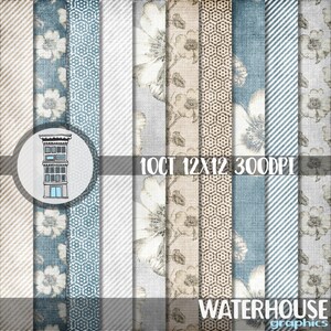 Digital Blue Cream Floral Paper Pack Antique Style Flowers Distressed Vintage textures neutral colors digital scrapbook papers planner cards