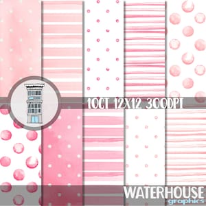 Confezione di carta digitale ROSA con acquerello DOWNLOAD digitale IMMEDIATO Sfondi con pois rosa e acquerello Strisce acquerello Carta per baby shower per bambina