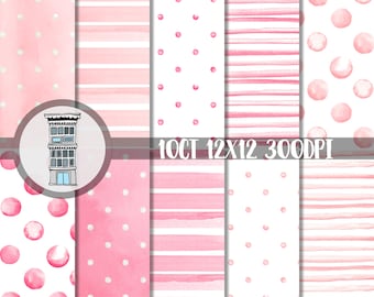 Watercolor PINK Digital Paper Pack INSTANT digital DOWNLOAD Pink Watercolor Polka dots Watercolor Stripes backgrounds Baby Girl shower papel