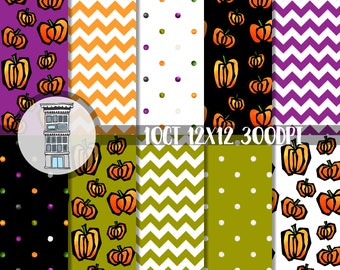Halloween Digital Paper pack INSTANT DOWNLOAD Hand drawn pumpkins paper Purple Orange Green Halloween papers digital scrapbooking planner