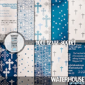 Religieus BLAUW digitaal papierpakket INSTANT DOWNLOAD Bijbel aquarel digitale scrapbooking papieren dagboekkaarten Heilige Bijbel kruis achtergrond