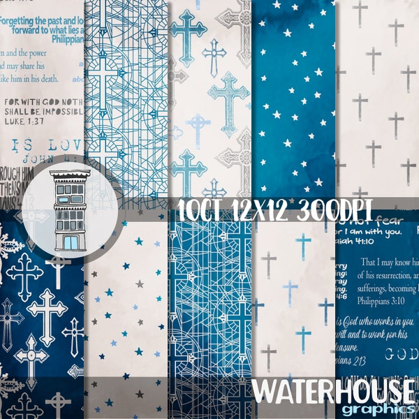 Religious BLUE Digital paper pack INSTANT DOWNLOAD Bible watercolor digital scrapbooking papers journal cards Holy Bible cross background