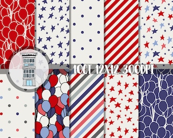 Fourth of July Stars & Stripes DIGITAL PAPER PACK red white navy blue Polka Dots Stripes Stars Independence day Digital Scrapbooking Collage