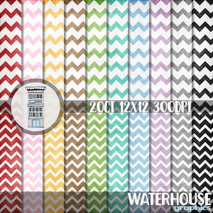 May include: Set of 20 digital paper patterns featuring a chevron design in various colors, including red, pink, yellow, brown, green, blue, purple, gray, and black. The papers are 12x12 inches and 300 DPI.  Waterhouse Graphics.