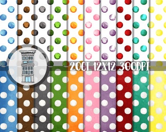 Watercolor polka dots 20 ct Digital Paper Pack INSTANT digital DOWNLOAD Colorful Watercolor backgrounds Bright colored Baby shower papel