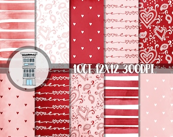 Valentijn aquarel papieren RODE en ROZE strepen harten liefde digitale papier Pack INSTANT digitale download paisley harten achtergronden papel