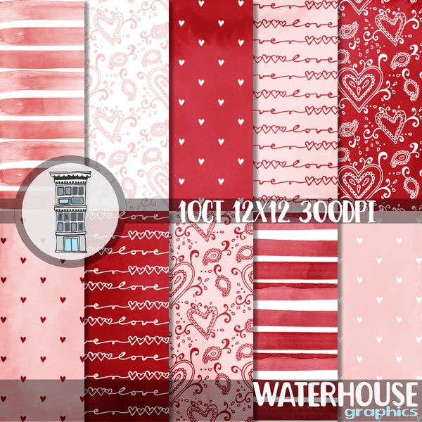 Valentine Watercolor Papers RED and PINK stripes hearts love Digital Paper Pack INSTANT digital download paisley hearts backgrounds papel