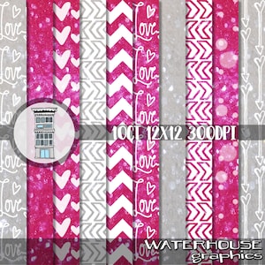 Valentine Glitter Digital Paper Pack INSTANT DOWNLOAD Digital Scrapbooking PINK & silver glitter papers bokeh hearts love arrows sparkle