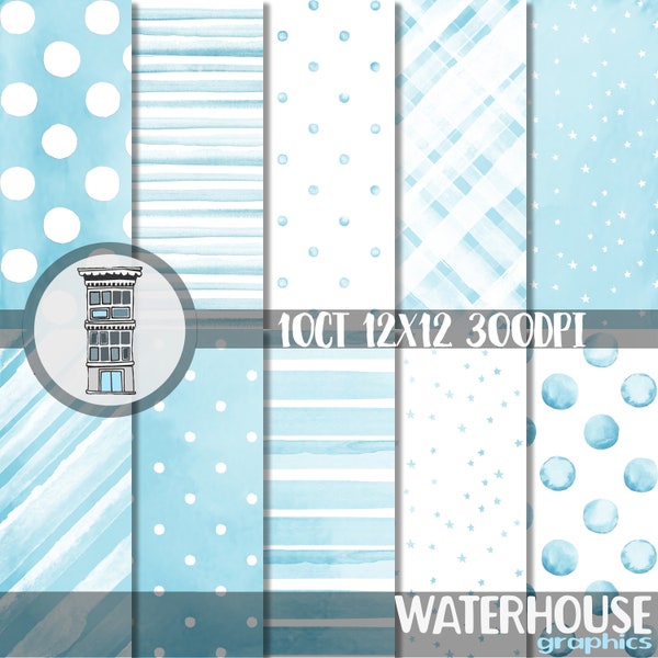 Aquarell hell BLAU Digital Paper Pack SOFORTIGER digitaler DOWNLOAD Blau Aquarell Tupfen & Streifen Hintergründe Baby Boy Duschpapel