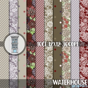Pacchetto di carta digitale floreale DOWNLOAD IMMEDIATO Borgogna Rosso Lilla Talpa Fiori digitali Strisce Pois Carte per scrapbooking digitali stampabili