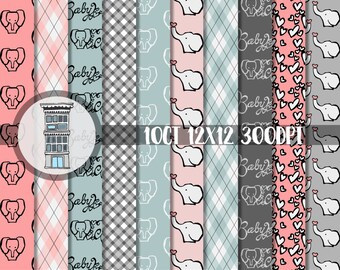 Digital Baby Paper Pack INSTANT DOWNLOAD Baby elephant digital paper in pink & blue for creating baby scrapbook pages or diy baby shower
