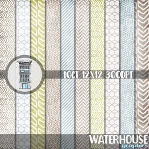 May include: Set of 10 digital paper patterns in a variety of geometric designs, including chevron, honeycomb, and zig-zag. The patterns are in shades of brown, blue, and white. The papers are 12x12 inches and 300 DPI.  10CT 12X12 300DPI WATERHOUSE graphics