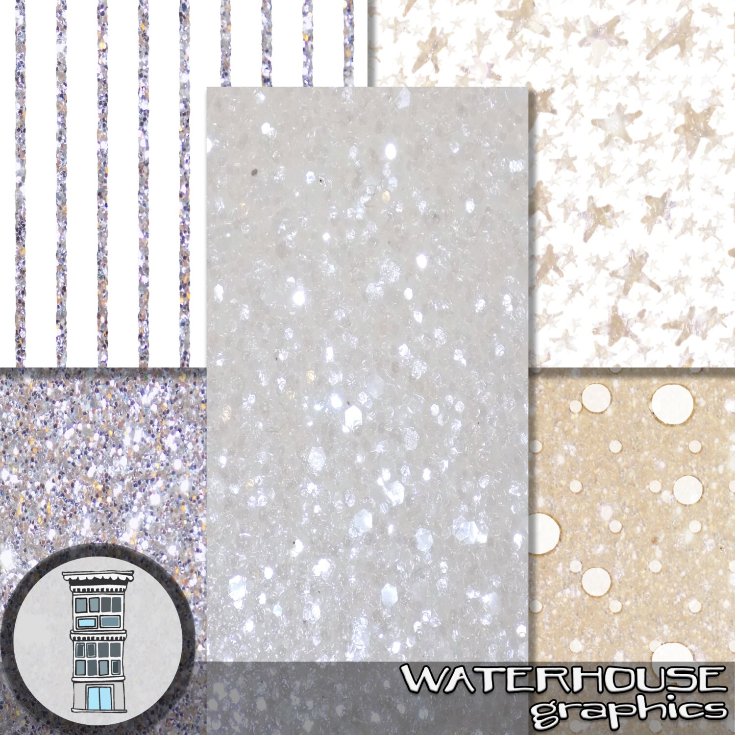 GOLD & SILVER Holiday Digital Paper Glitter Bokeh Stars Stripes Bling ...