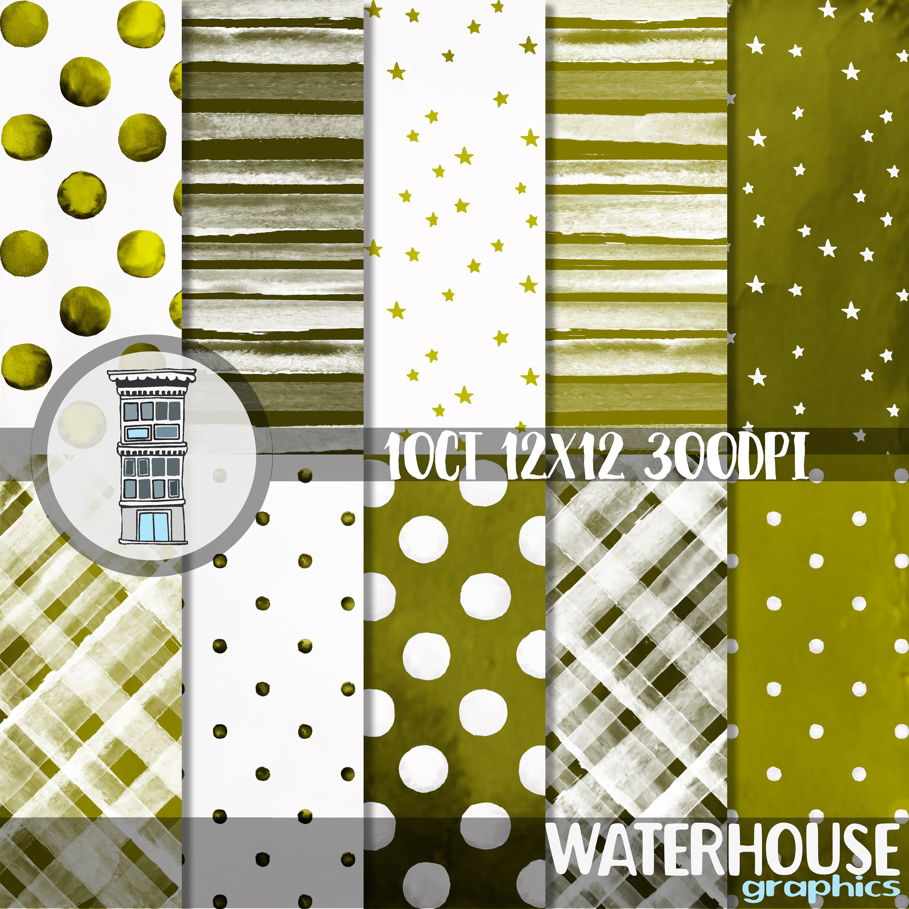 CHARTREUSE Watercolor Digital Paper Pack Instant digital DOWNLOAD Watercolor Dots and Stripes stars backgrounds journal cards scrapbooking