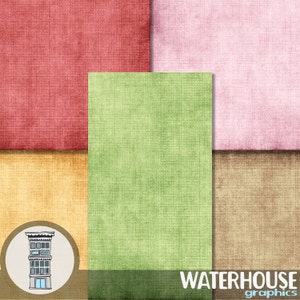 May include: A digital paper pack with four different textured backgrounds in red, pink, green, and brown. The backgrounds have a subtle woven pattern. The image also includes a black and white illustration of a building with three windows.