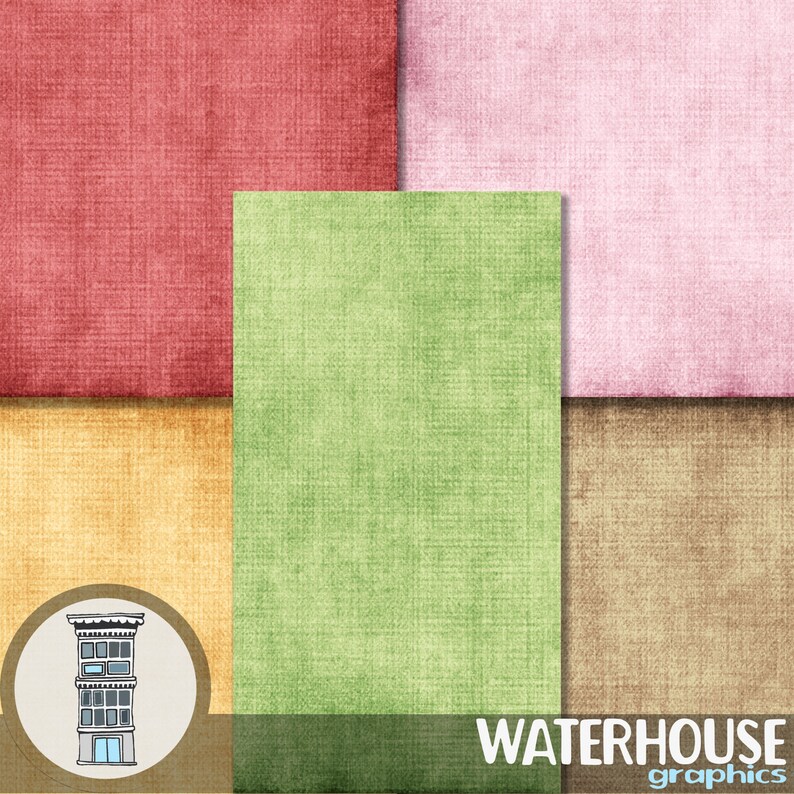 May include: A digital paper pack with four different textured backgrounds in red, pink, green, and brown. The backgrounds have a subtle woven pattern. The image also includes a black and white illustration of a building with three windows.