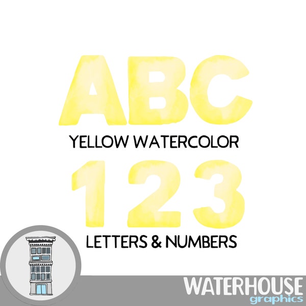 Yellow Watercolor Letters Numbers Instant Digital Download YELLOW watercolor set Digital Alphabet ABCs digital scrapbooking letters numbers