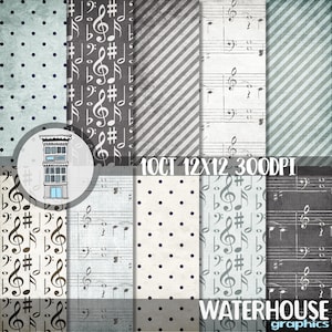 PACCO DI CARTA DIGITALE MUSICALE Crema Grigio Nero Blu fumo Note musicali rovinate Download immediato planner scrapbooking stampabili biglietti musica
