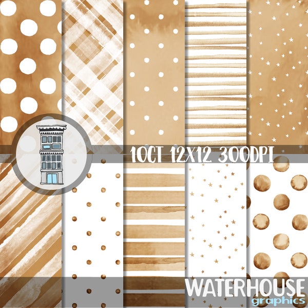 Caramel Brown Watercolor Digital Paper Pack INSTANT digital DOWNLOAD Watercolor Polka dots Watercolor Stripes tan neutral background papel