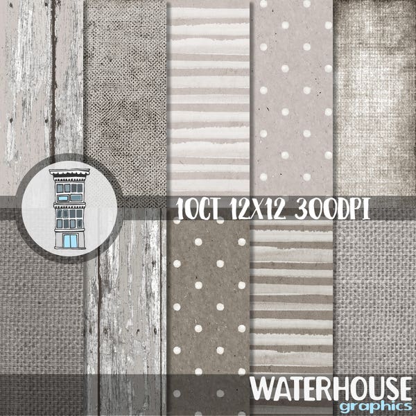 Rustic Taupe Digital Paper Pack INSTANT download Tan Burlap Polka dots Watercolor Stripes Wood backdrop Rustic Beige Brown backgrounds