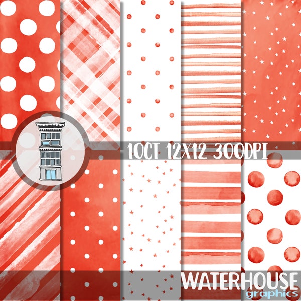 Bright RED ORANGE Watercolor Digital Paper Pack Instant DOWNLOAD rust Watercolor Dots Watercolor Stripes stars backgrounds journal cards