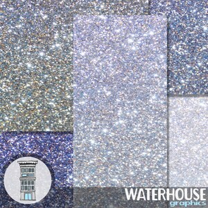 May include: A digital collage of four different silver glitter textures. The glitter is iridescent and has a light blue hue. The collage is framed by a white border with the text "WATERHOUSE graphics" in the bottom right corner.