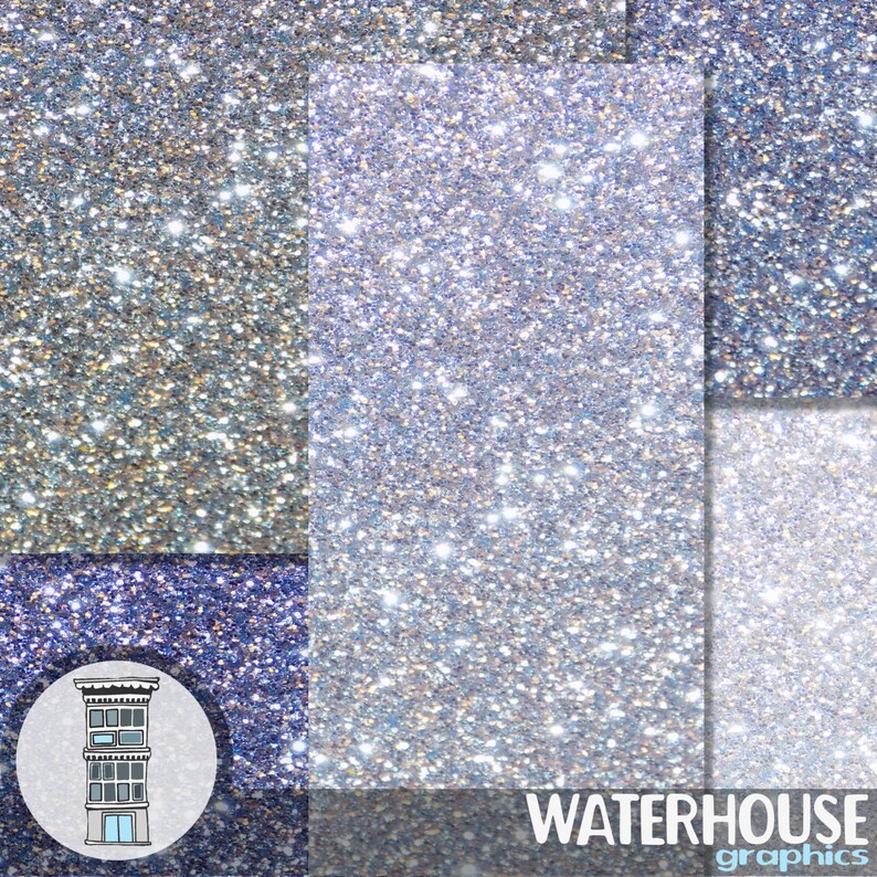 May include: A digital collage of four different silver glitter textures. The glitter is iridescent and has a light blue hue. The collage is framed by a white border with the text "WATERHOUSE graphics" in the bottom right corner.