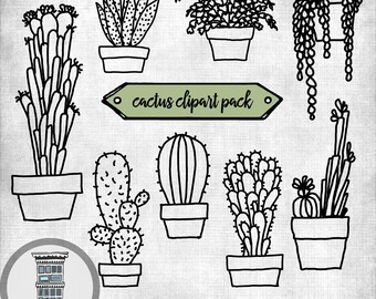 CACTUS clip art Digital Hand drawn Cacti Succulents Clipart black transparent pngs and jpegs Cactus clip art set INSTANT DOWNLOAD cute cacti