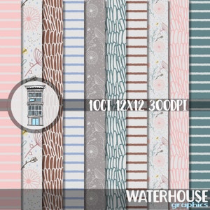 May include: Set of 10 digital paper patterns in a variety of colors and designs, including stripes, floral, and abstract patterns. The papers are 12x12 inches and 300 DPI.  Waterhouse Graphics.