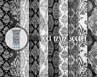 Digital Paper Pack Black and White Damask Distressed Textures digital scrapbooking planner printables cards invitations backgrounds patterns