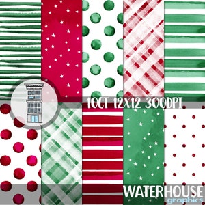 Weihnachten Aquarell Papiere Beere ROT & GRÜN Digital Paper Pack SOFORT digitaler download Aquarell Tupfen Streifen Karo Sterne papel