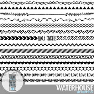 May include: A set of black and white divider lines, including chains, triangles, leaves, hearts, arrows, zigzags, stripes, squares, and hexagons. The text "BLACK DIVIDERS" is included in the image. The text "Love Love Love Love Love Love Love Love Love Love" is also included in the image. The image is from Waterhouse Graphics.