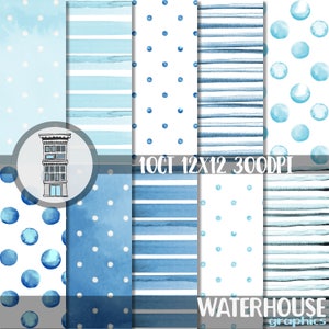 Pack de papier numérique bleu aquarelle TÉLÉCHARGEMENT numérique instantané Papier pour douche bébé garçon bleu aquarelle pois rayures aquarelle