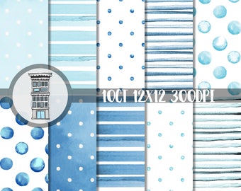 Watercolor BLUE Digital Paper Pack INSTANT digital DOWNLOAD Blue Watercolor Polka dots Watercolor Stripes backgrounds Baby Boy shower papel