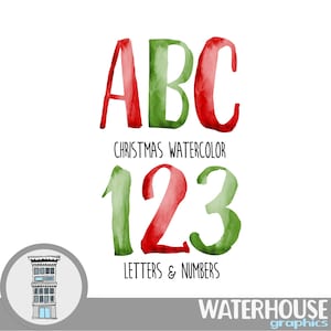 Kerst aquarel letters cijfers Instant digitale download ROOD groen aquarel set digitaal alfabet ABC vakantie belettering kerstkaarten