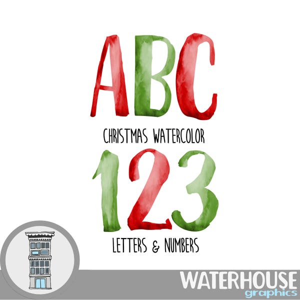 Christmas Watercolor Letters Numbers Instant Digital Download RED Green watercolor set Digital Alphabet ABCs Holiday lettering xmas cards