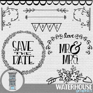Digital Hand Drawn Wedding Clip Art Set INSTANT DIGITAL DOWNLOAD Floral Mr and Mrs Digital Scrapbooking Invitations Printables Banners Love
