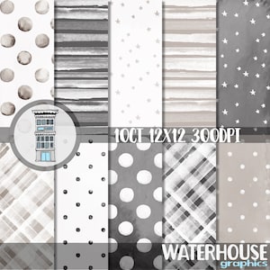 GRAU Aquarell Digital Paper Pack Sofortiger digitaler DOWNLOAD Tan Neutral Aquarell Punkte Aquarell Streifen Sterne Hintergründe Journal Karten