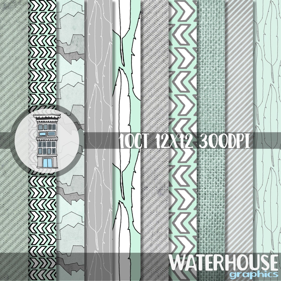 Mint Digital Paper Pack INSTANT DOWNLOAD Gray Feathers Stripes Burlap ...