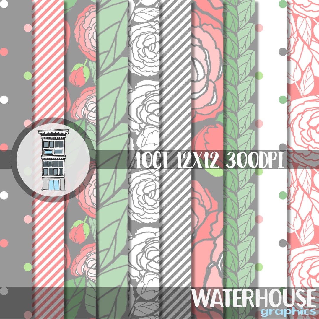 Floral Digital Paper Pack Instant Digital Download Pink Peonies Green ...