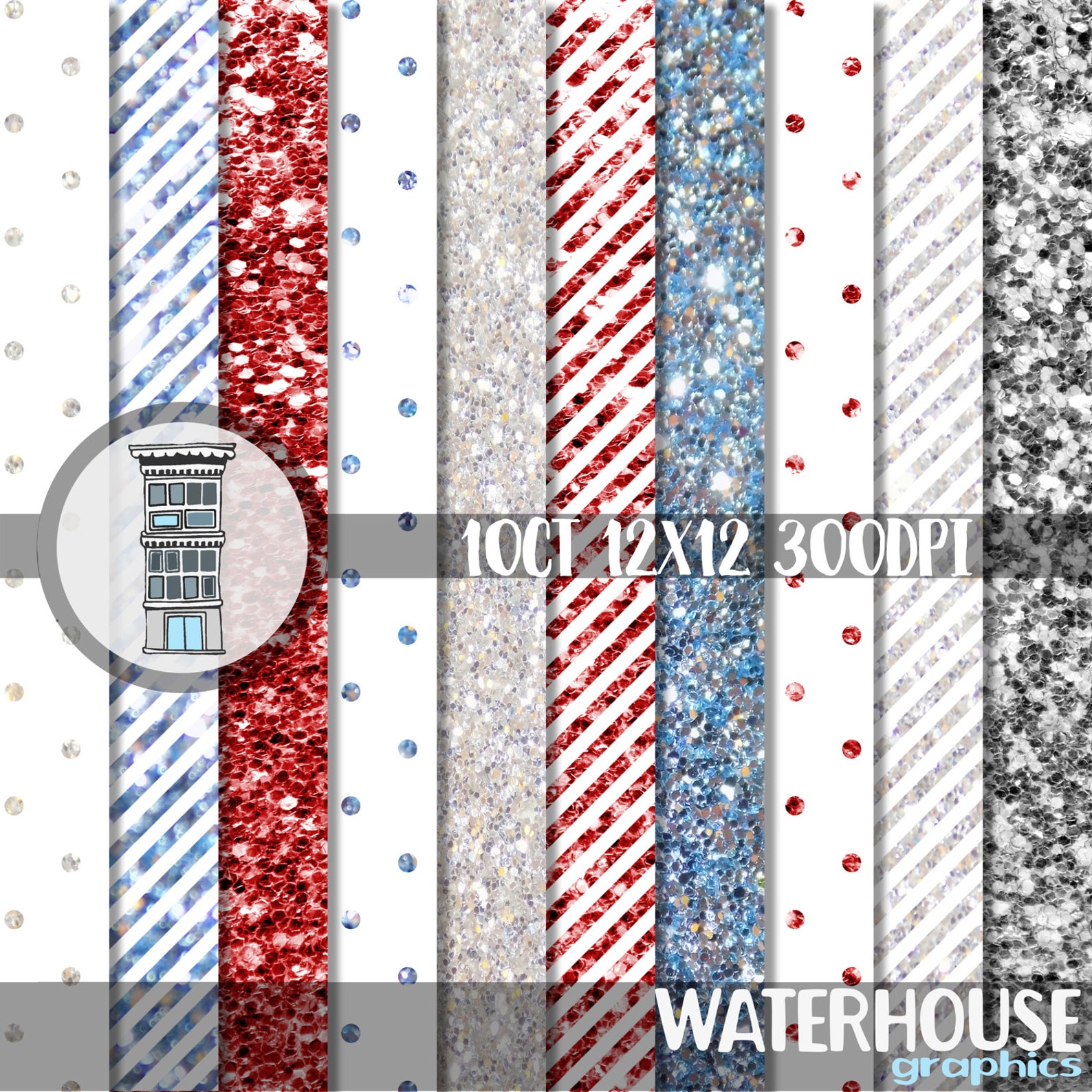 Glitter Digital Paper Pack Instant Download Red, White Silver and Blue ...