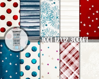 Watercolor Red White & Blue DIGITAL PAPER PACK Independence Day Fourth of July Polka Dots Stars and Stripes Digital Scrapbooking Collage