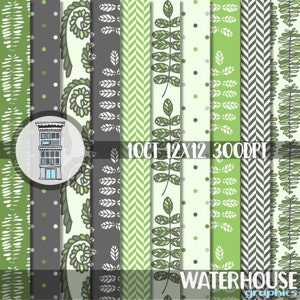 Paquet de papier numérique TÉLÉCHARGEMENT IMMÉDIAT Motifs de fougères et de têtes de violon Papiers verts Scrapbooking numérique Agenda Imprimables Verdure Fougères Plantes