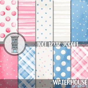 Pacote de papel digital aquarela rosa azul DOWNLOAD digital instantâneo Gênero aquarela Bolinhas aquarela Listras fundos Chá de bebê