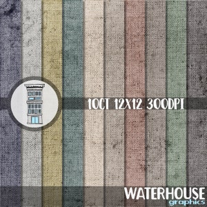 May include: Set of 10 digital paper textures in various shades of gray, beige, blue, and green. The textures resemble a woven fabric with a subtle distressed look. The papers are 12x12 inches and 300 DPI.  Waterhouse Graphics.