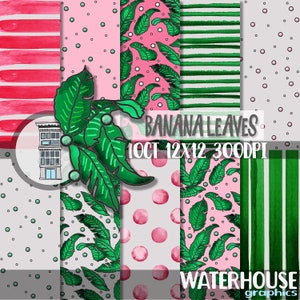 Paquet de papier numérique de feuilles de bananier Papiers de scrapbooking roses et verts Feuilles tropicales dessins aquarelles pois rayures aquarelle
