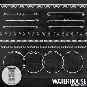 May include: A set of white chalk-style borders and dividers on a black background. The borders include a variety of designs, such as swirls, leaves, arrows, and lines. The text "WATERHOUSE graphics" is at the bottom of the image.