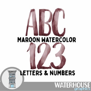 Aquarelles bordeaux, chiffres en téléchargement numérique, aquarelle bordeaux, ABC, scrapbooking numérique, lettres, chiffres